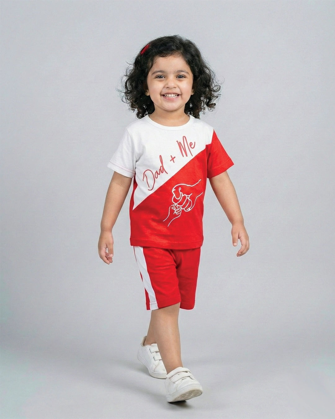 Girls Cute Dad+Me Print Summer Outfit – Red Shorts Set