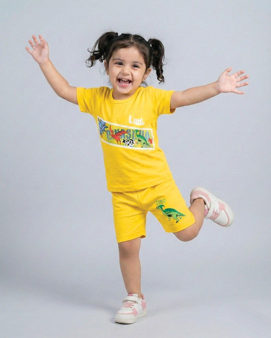 Tiny Dino Style Yellow Shorts Set Print Summer Outfit