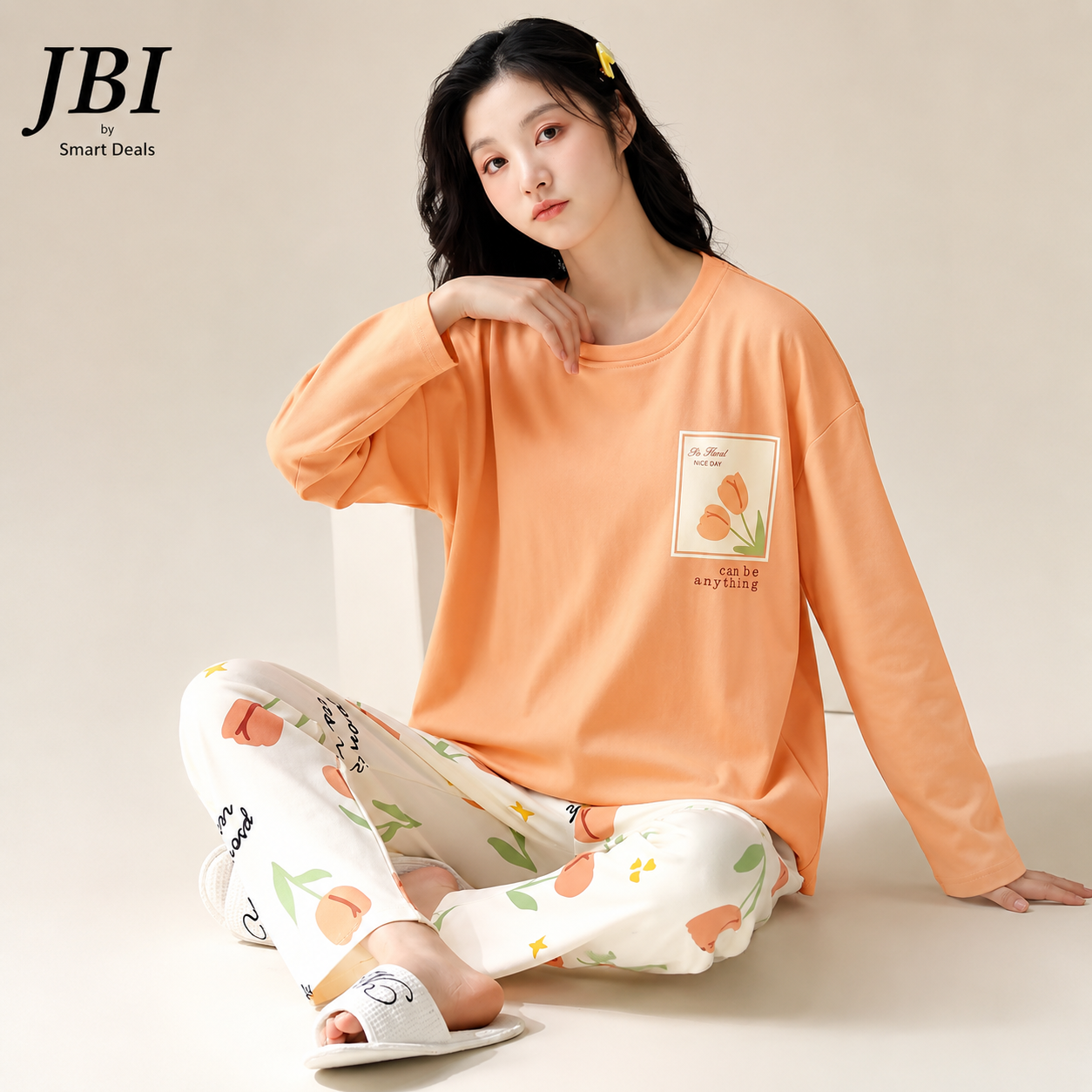 Orange Printed Pocket Night Suit For Women PJ Set