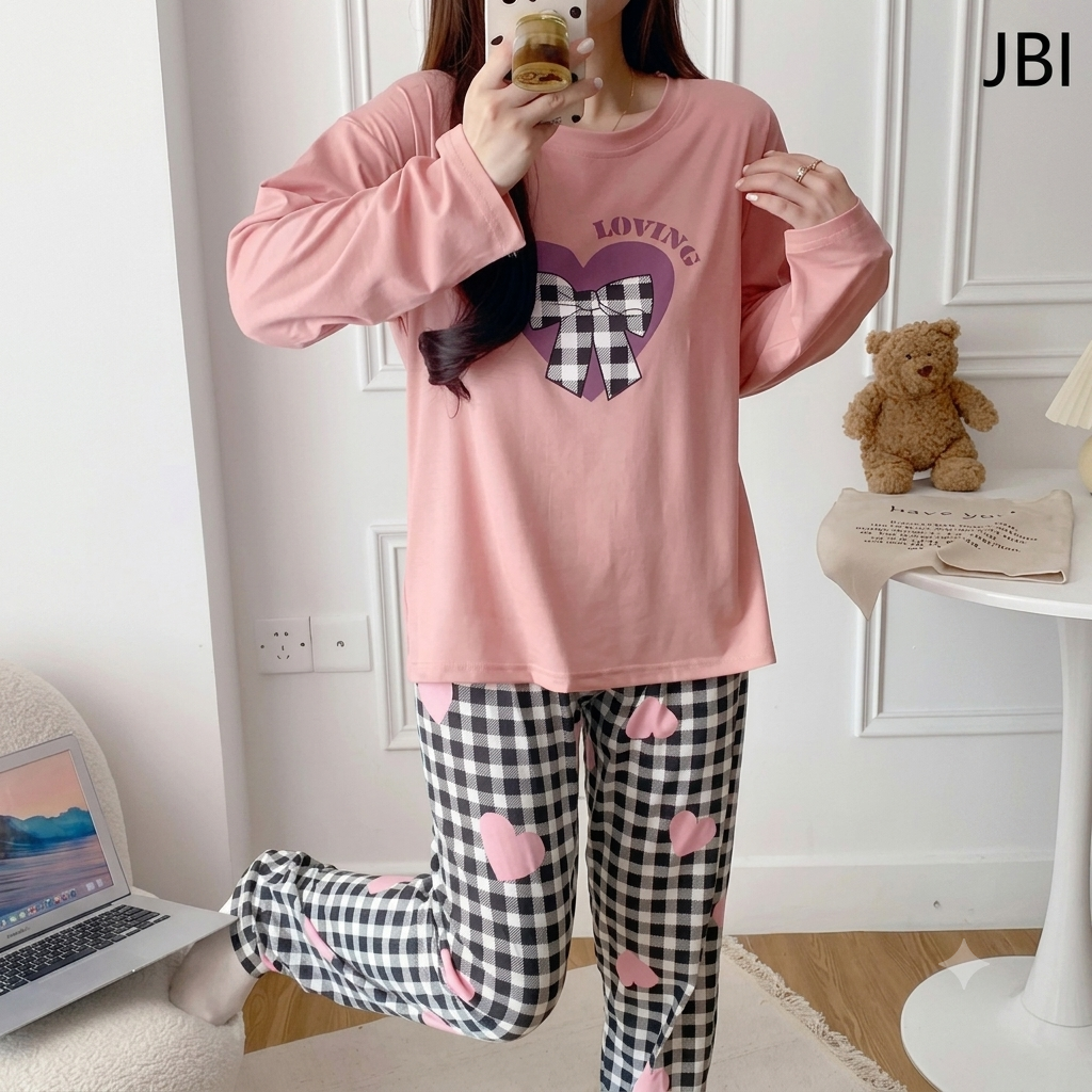 Baby Pink Loving with Check Ribbon Printed Night Suit For Women PJ Set