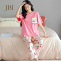 Pink Flower Printed Pocket Night Suit For Women PJ Set