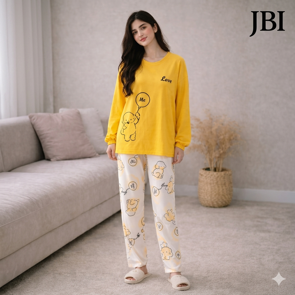 Yellow "Love Me" Cartoon Printed Night Suit For Women PJ Set