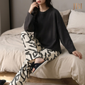 Black Ribbon Printed Night Suit For Women PJ set