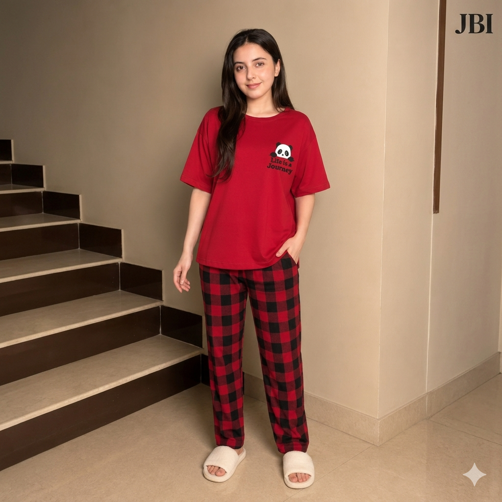 Cute Panda Graphic Printed Night Suit For Women PJ Set