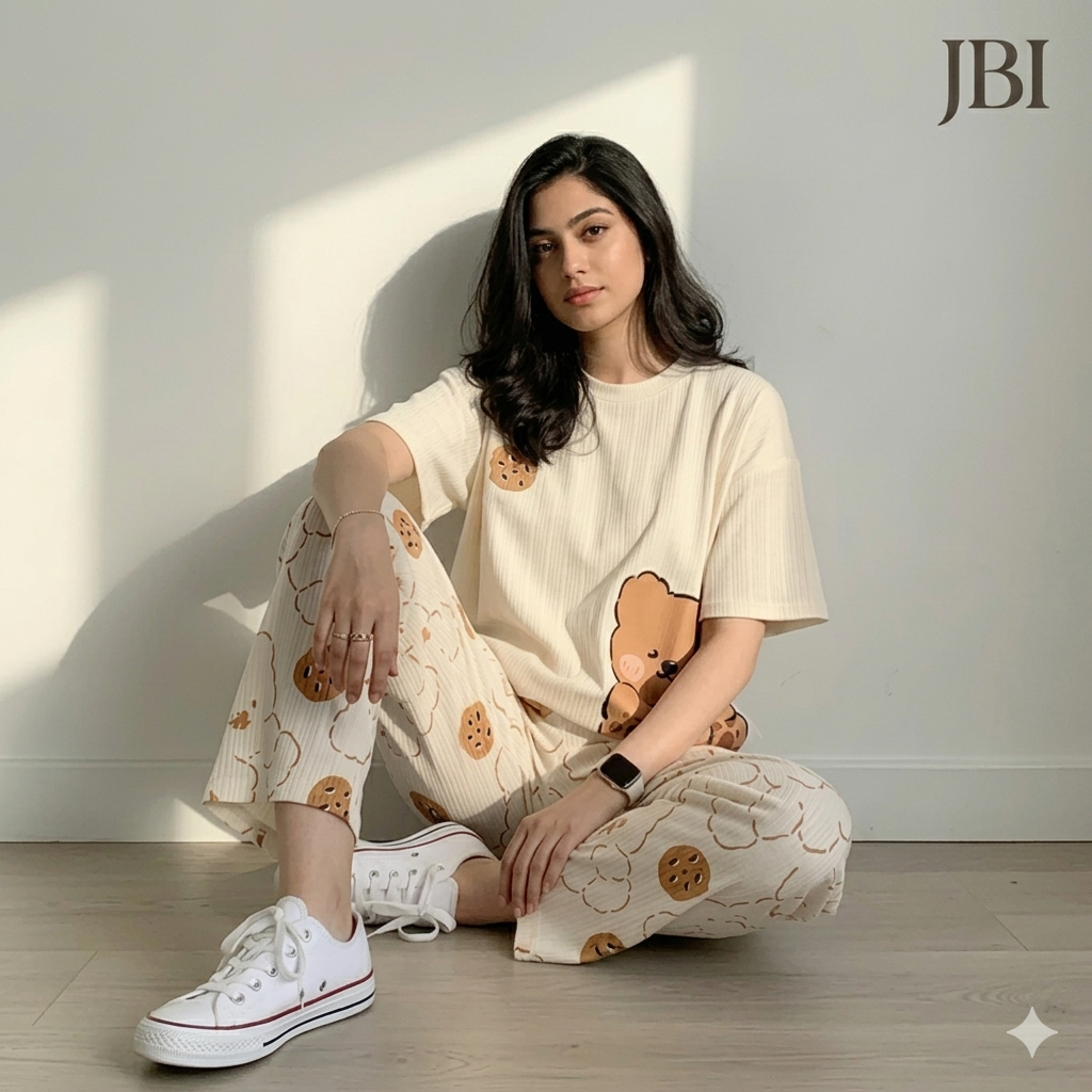 Cream Ribbed Teddy Bear & Cookie Printed Night Suit For Women PJ Set
