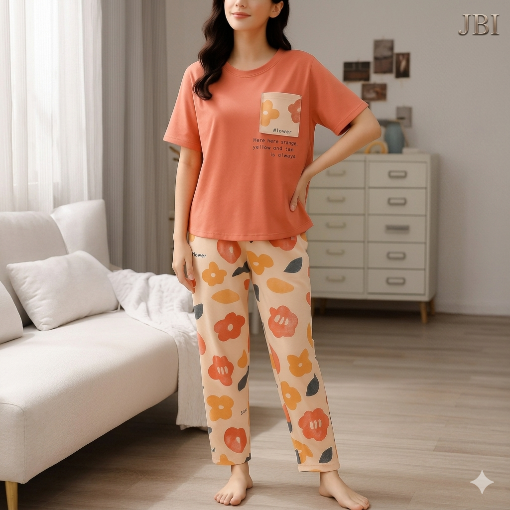 Terracotta Orange Retro Flower Printed Night Suit For Women PJ Set