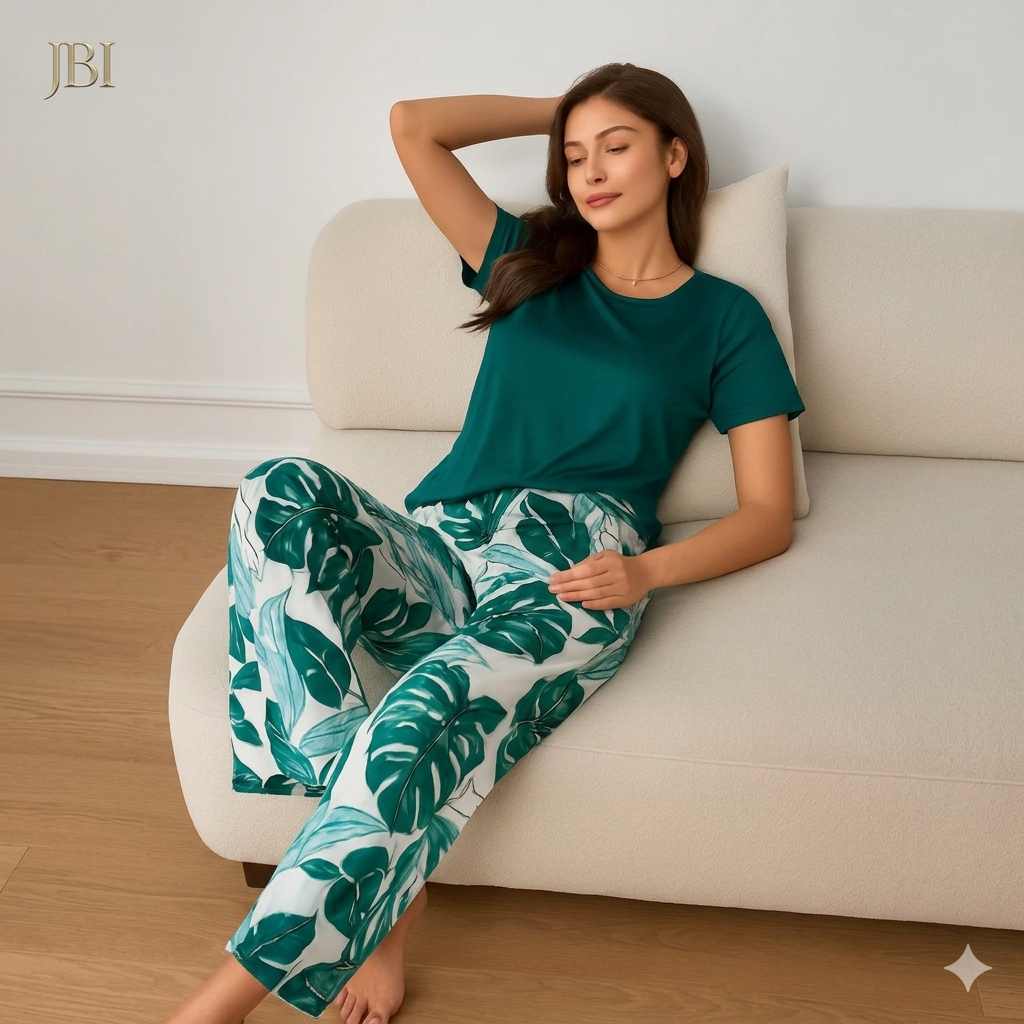 Green Plain Half Sleeves with Floral Printed Night Suit For Women PJ Set