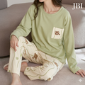 Olive Green Cute Teddy Bear Printed Night Suit For Women PJ Set