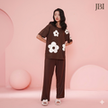 Dark Brown Bold Daisy Printed Night Suit For Women PJ Set