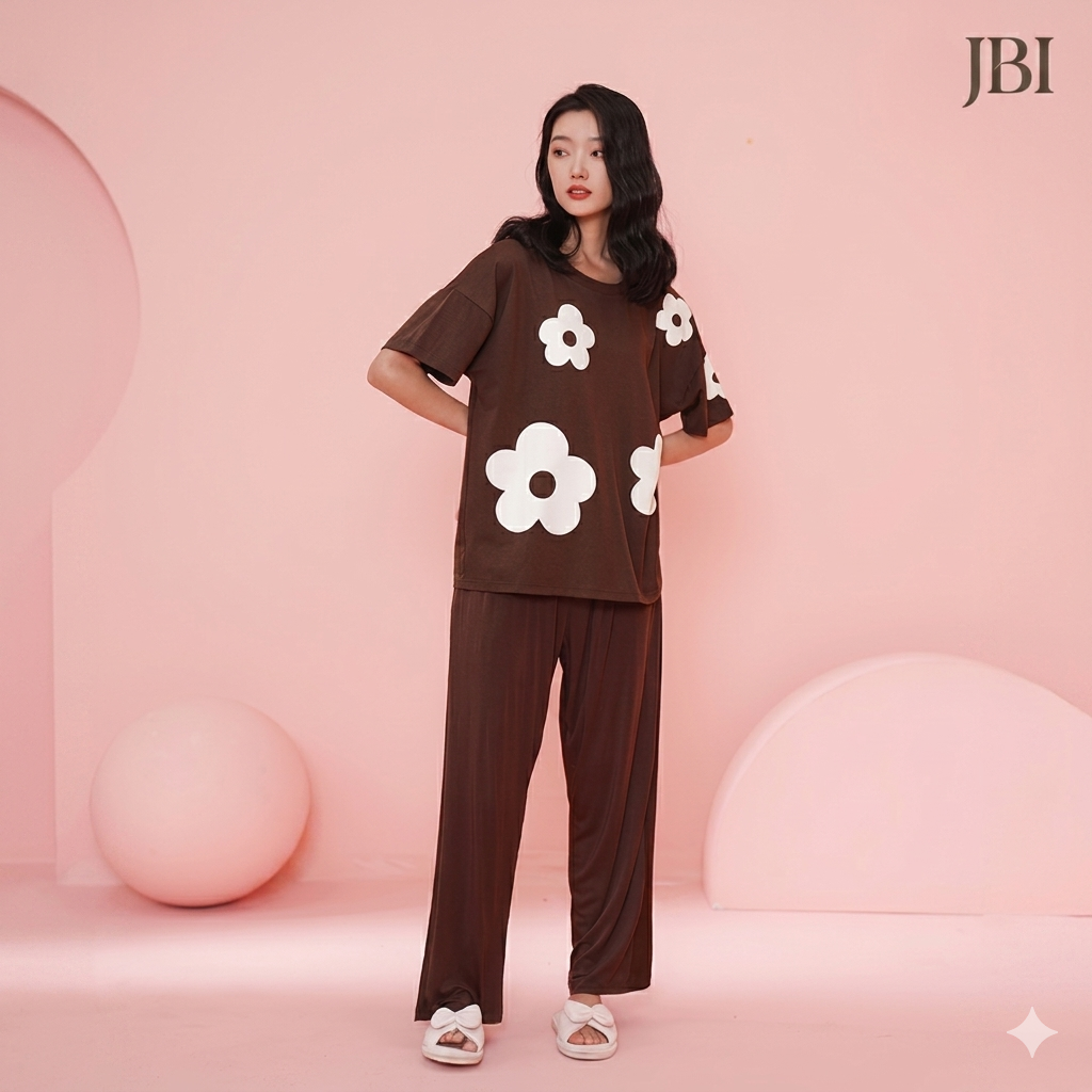 Dark Brown Bold Daisy Printed Night Suit For Women PJ Set