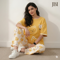 Bright Yellow Cute Teddy Bear Printed Night Suit For Women PJ Set