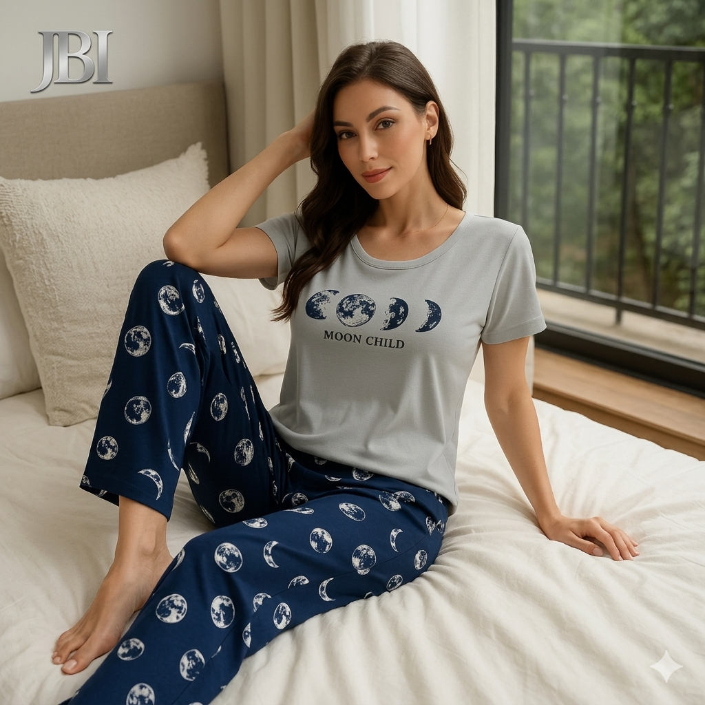Grey & Navy Blue Moon Printed Night Suit For Women PJ Set