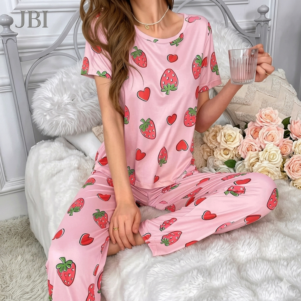 Strawberry Printed Night Suit For Women PJ Set