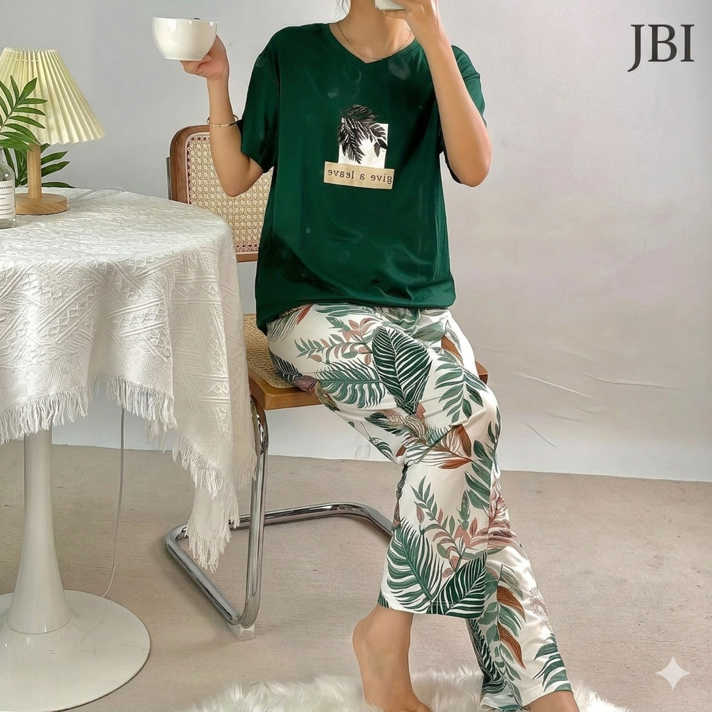 Dark Green Tropical Printed Night Suit For Women PJ Set
