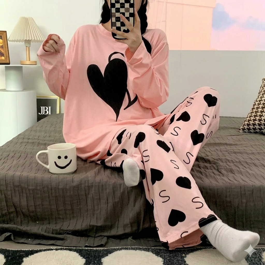 Pink Double Heart Printed Night Suit For Women PJ Set