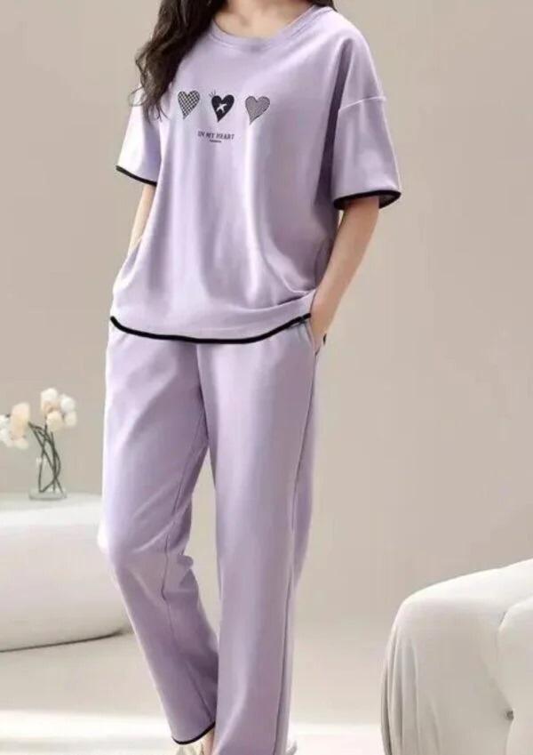 Drop Sholder Three Hearts printed womens pj set
