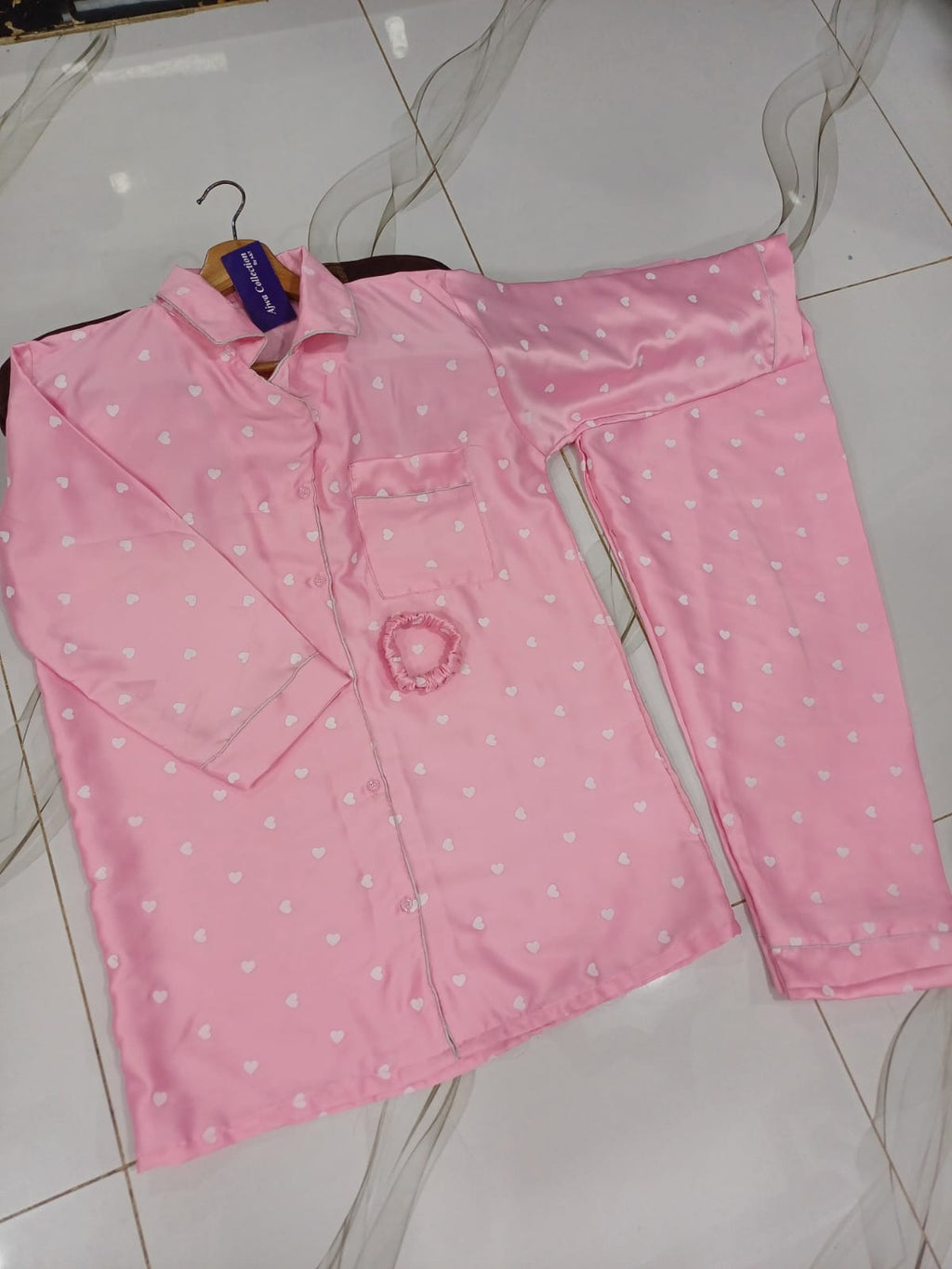 3 Pcs Heart Printed Silk Nightsuit For Girls - Silk Nightwear For Women