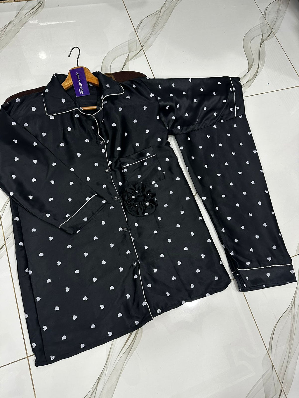 3 Pcs Heart Printed Silk Nightsuit For Girls - Silk Nightwear For Women