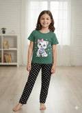 Cute Kitty Dreams Kids Pajama Set- Green