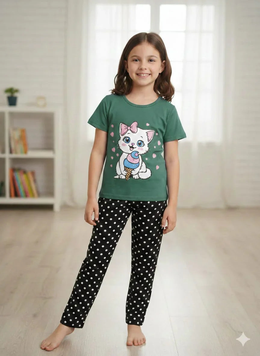 Cute Kitty Dreams Kids Pajama Set- Green