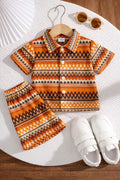 2pcs Set of Bohemian Geometric Pattern Stand Collar Button- Shirt and Elastic Waist Shorts for Boys