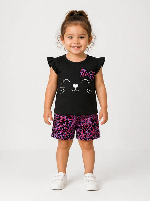 Girls Cute Cat Print Summer Outfit – Soft Top & Shorts Set