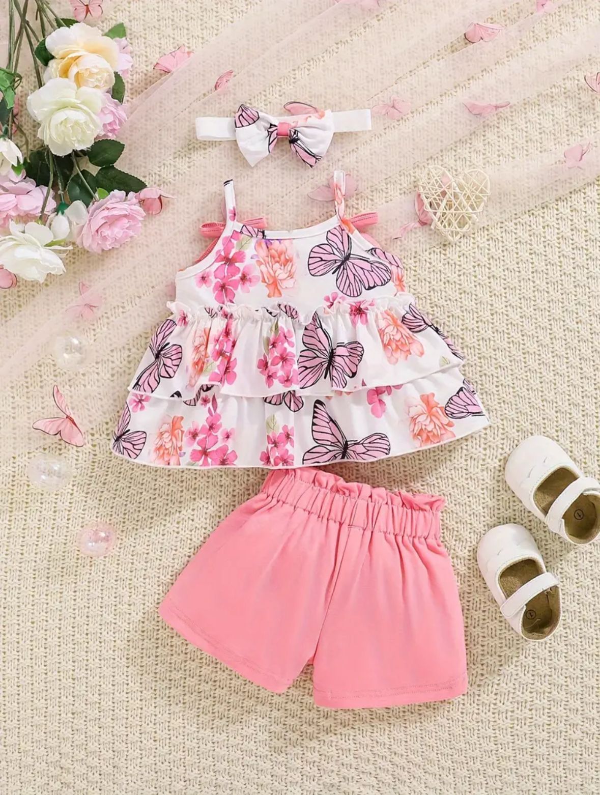 Floral & Butterfly Print Ruffle Hem Top with Short