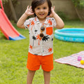 2pcs Baby Boys Tree Print Polo Collar Shirt & Elastic Waist Orange Shorts Set