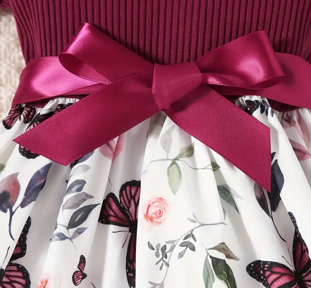 Baby Girls Sleeveless Flying Sleeve Butterfly Print Dress With Belt