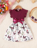 Baby Girls Sleeveless Flying Sleeve Butterfly Print Dress With Belt