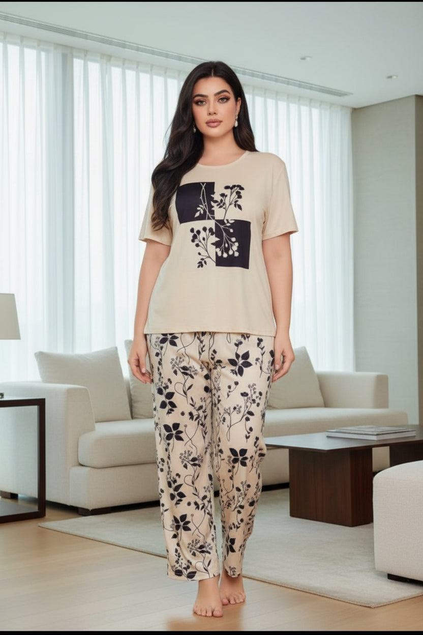 SKIN & BLACK FLOWER PRINTED NIGHT SUIT