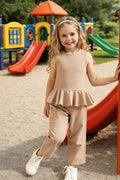 Girls Beige Peplum Top & Straight Pants Set – Elegant Kids Casual Outfit