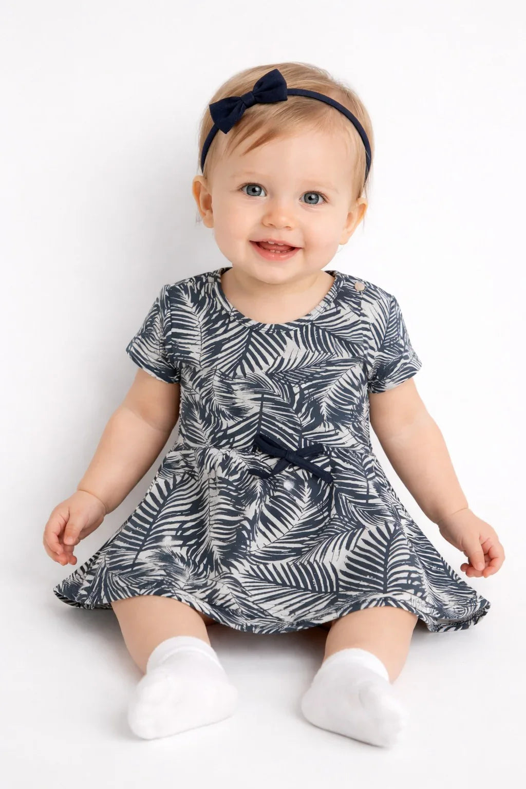 Baby Girl Palm Print Dress with Matching Bow Headband – Navy