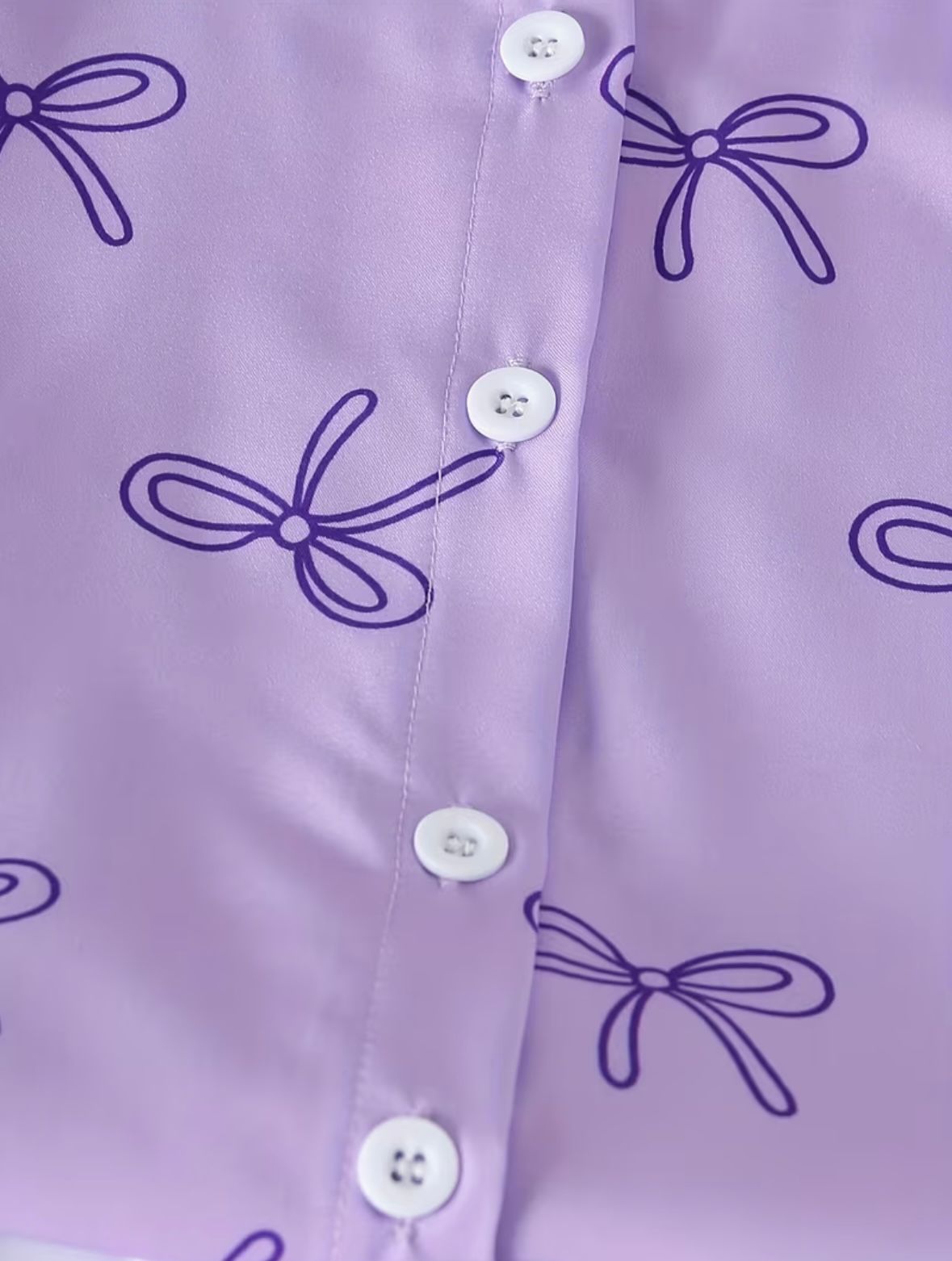 2pcs Set for Girls Bow Print Puff Sleeve Lapel Shirt + Side Bow Solid White Wide-Leg Pants