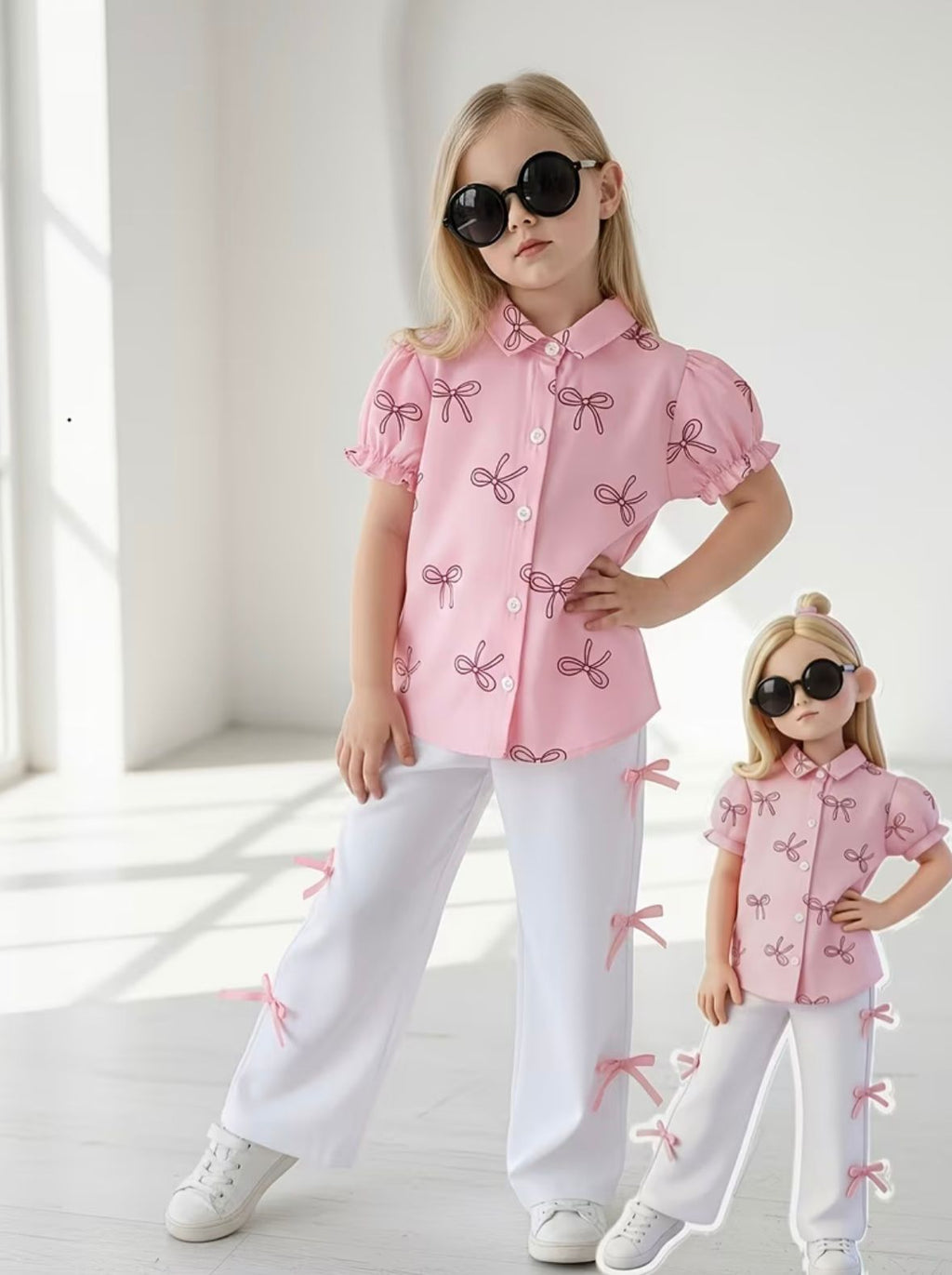 2pcs Set for Girls Bow Print Puff Sleeve Lapel Shirt + Side Bow Solid White Wide-Leg Pants