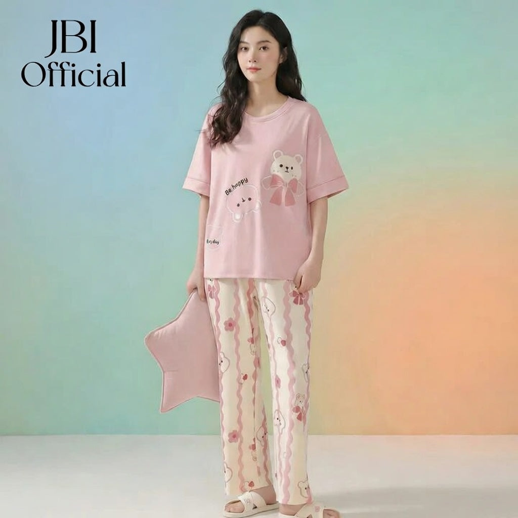 Pink Be Happy Bear Printed PJ Sets