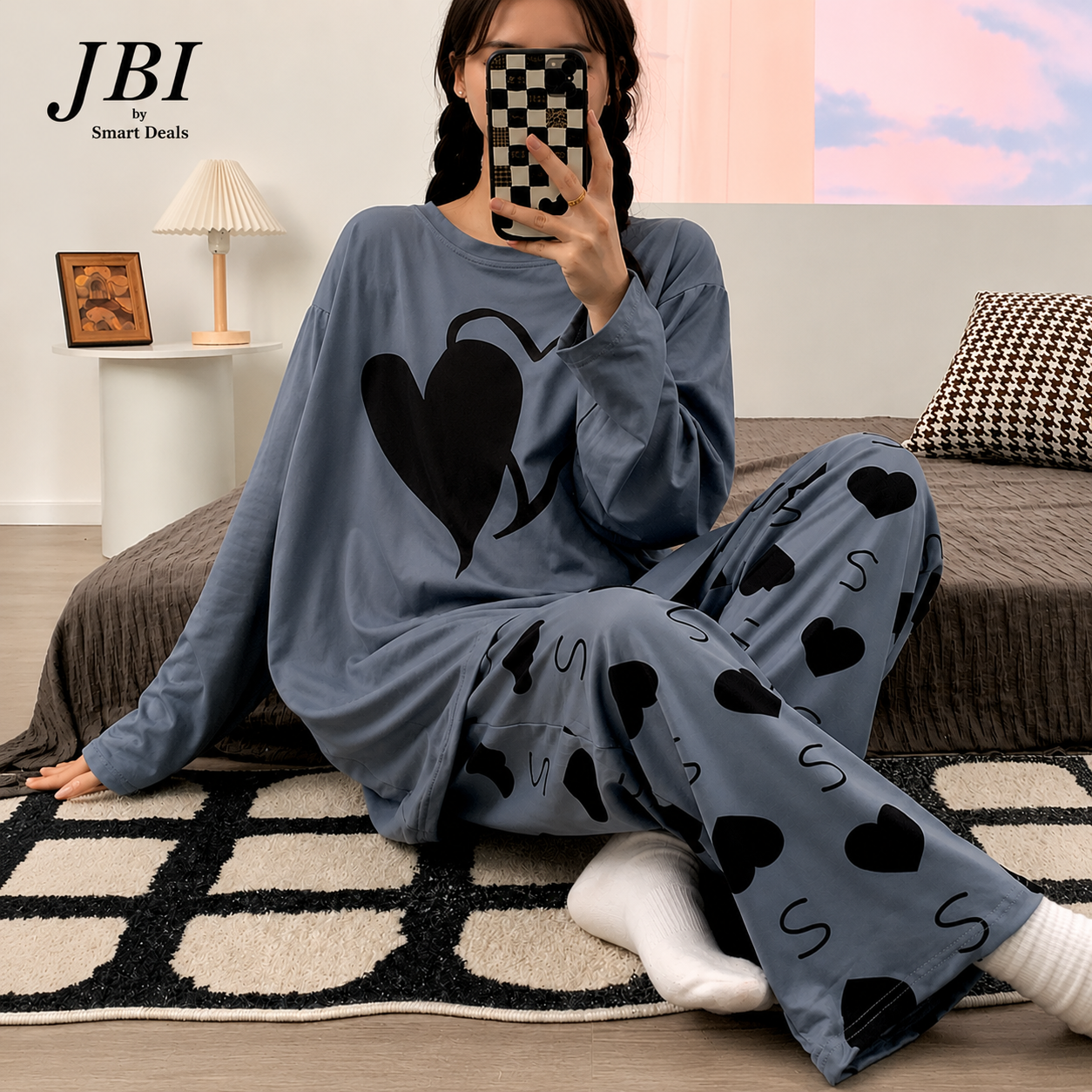 Dark Grey Black Heart Printed Night Suit For Women PJ Set