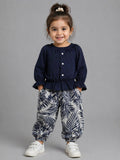 Toddler Girls Navy Blue Ruffle Top & Leaf Print Pants Set – Cute Stylish Outfit