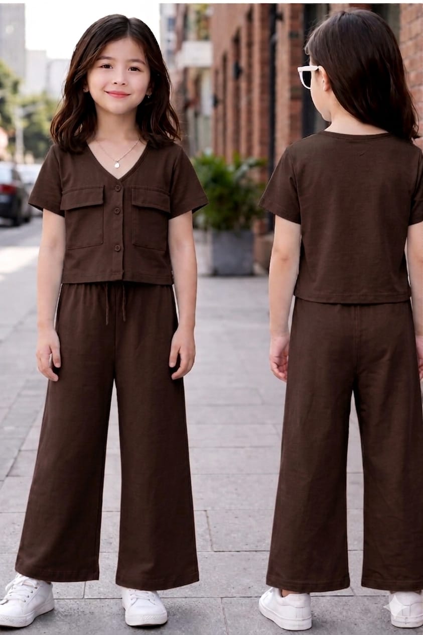 Girls Casual Brown Co-Ord Set – Button Top & Wide Leg Pants Outfit