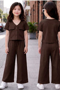 Girls Casual Brown Co-Ord Set – Button Top & Wide Leg Pants Outfit