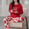 Red Hello Tuesday Printed Night Suit For Women PJ Set