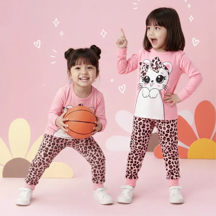 White cat Printed pink kid full sleeve set