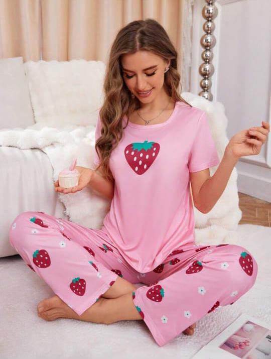 PINK STRAWBERRY  PRINTED NIGHT SUIT