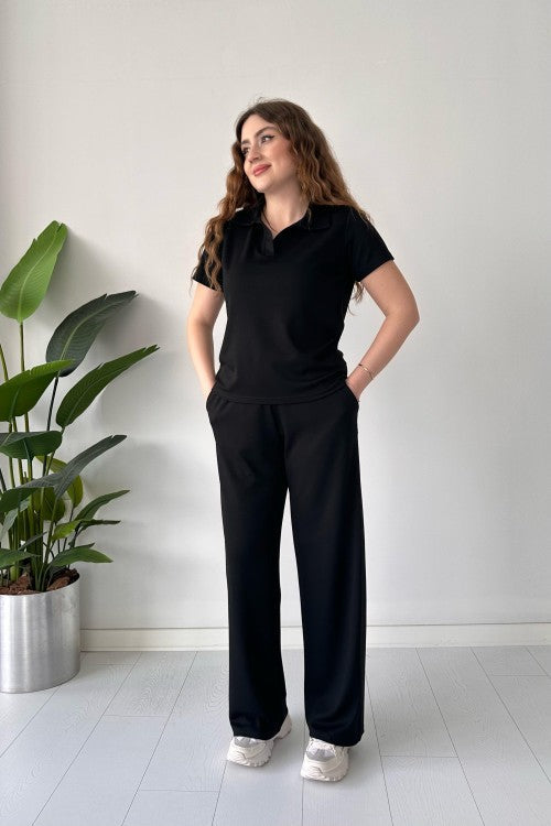 Summer Casual Women's Polo Collar Top & Trouser Set